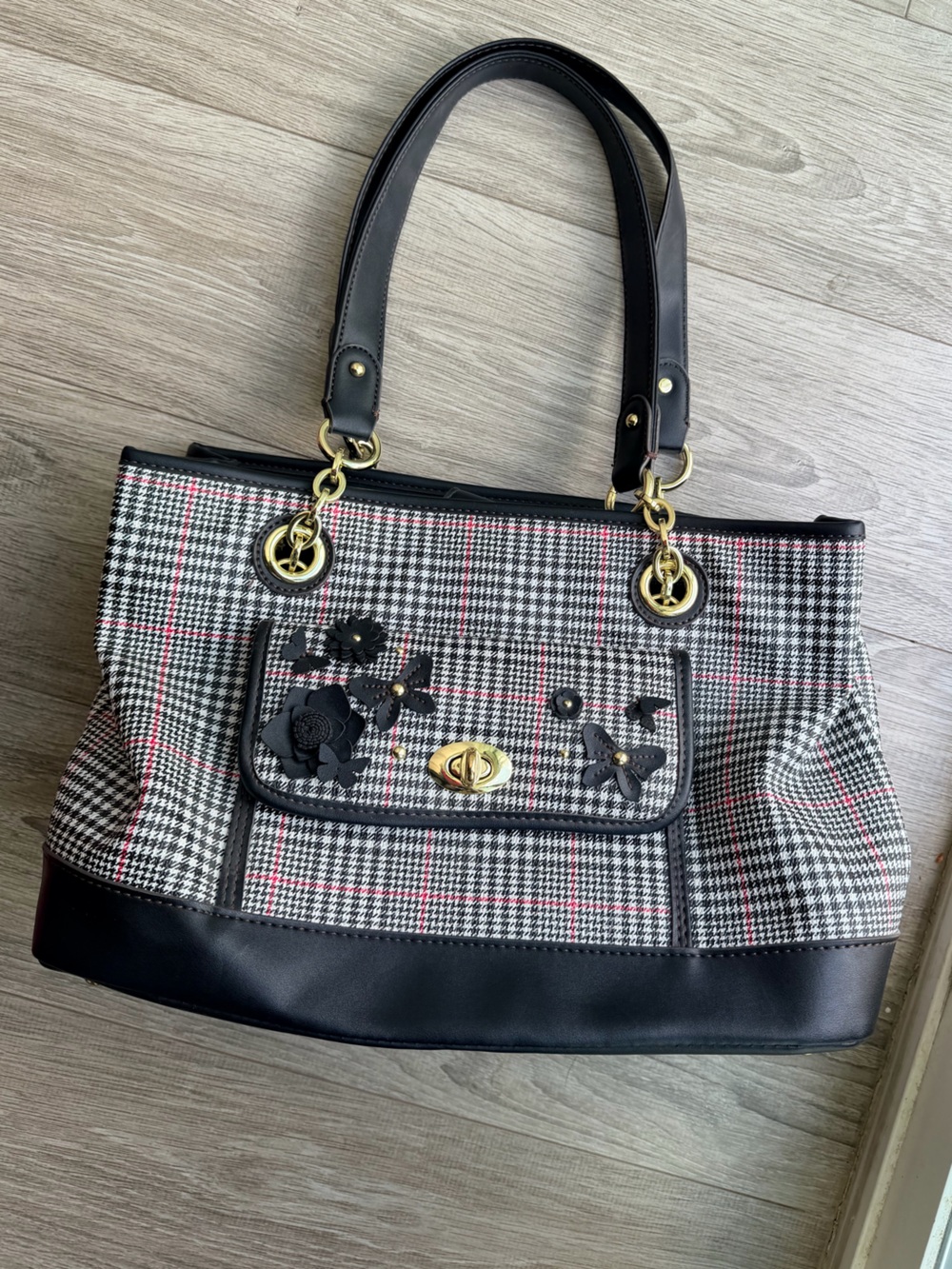 Liz Claiborne vintage y2k Black & Houndstooth Floral Accent Tote Bag